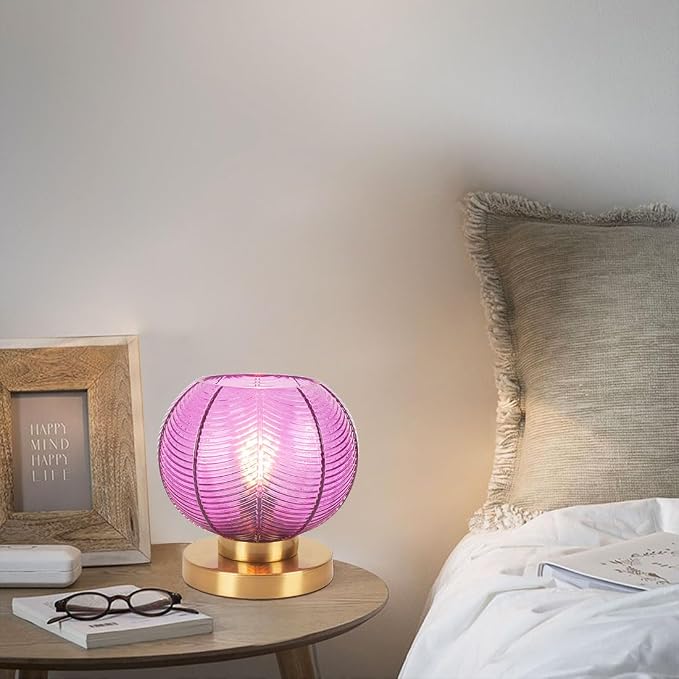 Gold Mid Century Modern Table Lamp with Purple Ribbed Glass Shade - Globe Desk Nightstand Lamp for Bedroom, Living Room, Office