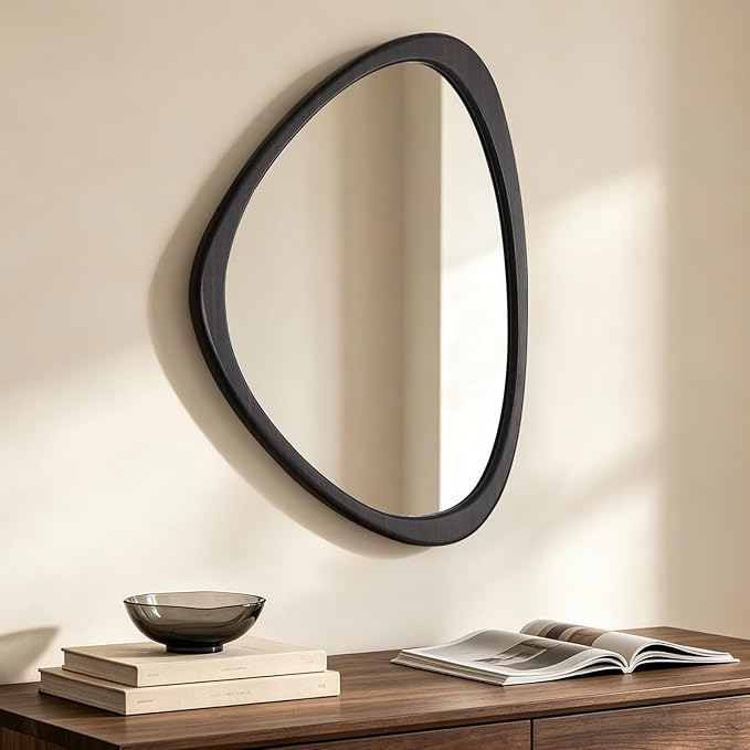 HOMECOOKIN 25" H x 20" W Asymmetrical Mirror, Irregular Wooden Wall Mirror for Bedroom, Living Room,Entryway– Mid-Century Modern Decorative Mirror, Solid Wood Frame, Pebble Shaped Design (Dark Brown)
