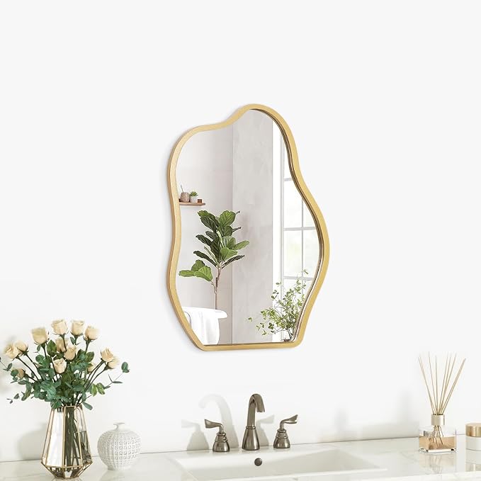 Gold Mirror for Wall Decor Small Asymmetrical Modern Wooden Framed Hanging Wall Mirror Unique Shape Wall Mounted Vanity Artistic Mirror Decorative for Living Room Bedroom Bathroom Entryway
