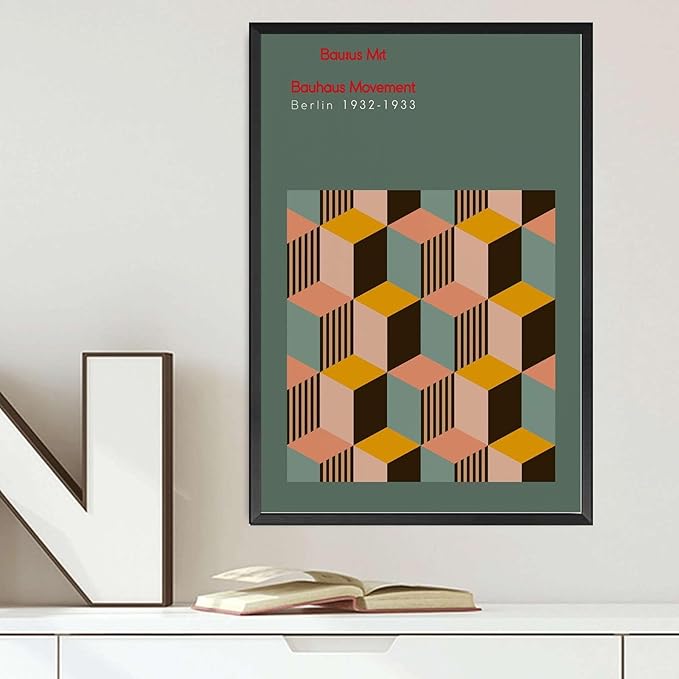 Canvas Painting Poster and Print Pictures Bauhaus Exhibition Poster Geometric Minimalist Abstract Wall Art Print Mid Century Modern Orange Sage Green Decor Bedroom and Kitchen Office Wall Decoration 16x24inch metal frame