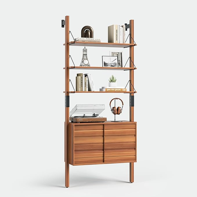 JOINICE, Ladder Bookshelf with Storage Cabinet, Mid Century Modern Wall Mounted Bookcase with Wood and Metal Frame, 6 Tier Open Display Shelves for Living Room, Bedroom, Home Office, Cherry