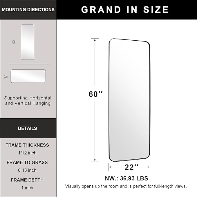 ANDY STAR 22" x 60" Full Length Wall Mirror, Large Black Mirror for Bathroom, Rounded Corner Rectangle Body Mirror for Floor and Leaning