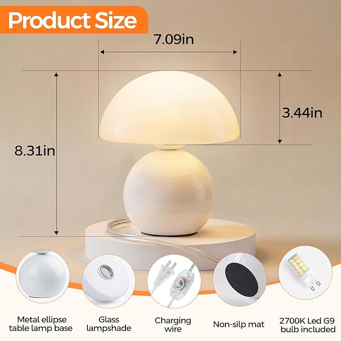 NIORSUN Mushroom Lamp,Table Lamp for Bedroom, 2700k Dimmable Desk Lamps,Small Bedside Table Lamps for Living Room Night Stands, Mushroom Decor Cute Mini Modern Mid Century Lamps(White)