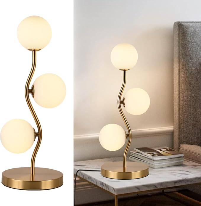 Mid Century Gold Globe Table Lamp 3-Light Flower Curve Beside Desk Table Light with Milk White Glass Shade Metal Base Nightstand Lamp for Bedroom Bedside