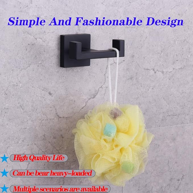 GERZWY Bathroom Matte Black Double Coat Hook SUS 304 Stainless Steel Towel/Robe Clothes Hook for Bath Kitchen Modern Hotel Style Wall Mounted AG1407B-BK