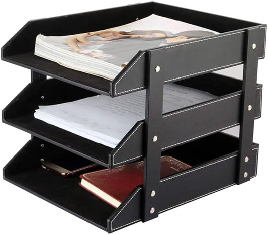 Leather Desk File Organizer, 3-Layer Stackable Tray, Used to Store documents, folders, Stationery, Magazines, Newspapers, Letters, and Other Home Office Sundries Desktop Organization Holder(Black)…