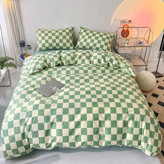 Pureant Green White Plaid Comforter Sets King Women Men Sage Green Checkerboard Grid Bedding Comforters Cotton Boys Girls Modern Grass Green and White Checkered Geometric Quilts Luxury Abstract Bed