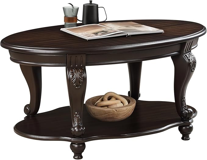 42'' Oval Wood Coffee Table for Living Room, Mid Century Farmhouse Round Coffee Tables for Apartment, Easy Assembly Traditional Coffee Table Centre Table Retro Cocktail Table, Espresso Color