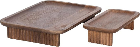 Kate and Laurel Risecroft Modern Two-Piece Ribbed Elevated Tray Set, 2 Piece Set, Walnut Brown, Mid-Century Food-Safe Serving Trays for Use as Charcuterie Board Set or Sponge Holders