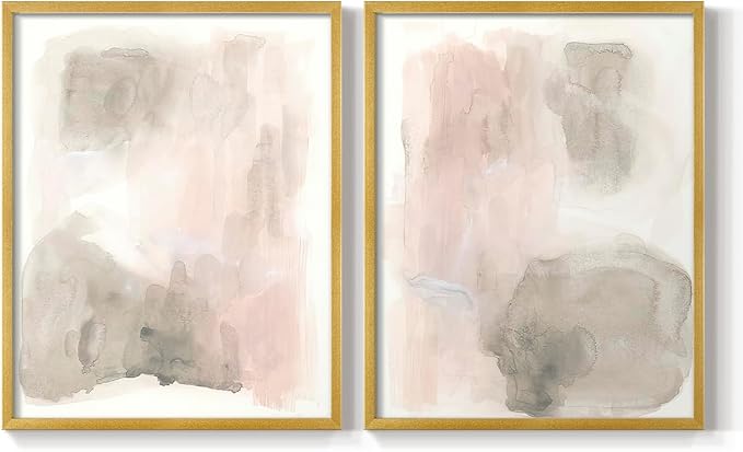Renditions Gallery Set of 2 Peel & Stick Framed Prints, Watercolor Abstract Wall Art, Nude Color Neutral Aesthetic Wall Decor, Re-Stickable - Ready to Hang - 8"x10" - GOLD Frame LT588