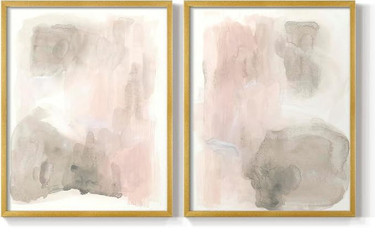 Renditions Gallery Set of 2 Peel & Stick Framed Prints, Watercolor Abstract Wall Art, Nude Color Neutral Aesthetic Wall Decor, Re-Stickable - Ready to Hang - 22"x28" - GOLD Frame LT588
