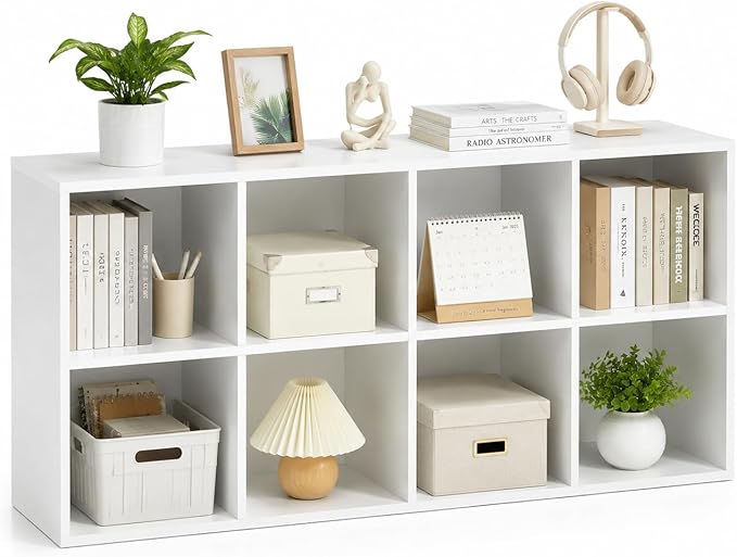 POWERSTONE 8 Cube Storage Organizer, Open Cube Bookshelf with Back Panels, Modern Display Cubby Bookcase for Bedroom Living Room Home Office, White
