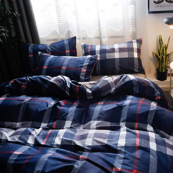 Pureant Navy Blue Plaid Comforter Set California King Blue Grid Bedding Comforter Sets for Men Boys Tartan Geometric Cal King Comforter Soft Buffalo Grid Quilts Boho Blue Comforter Sets Breathable