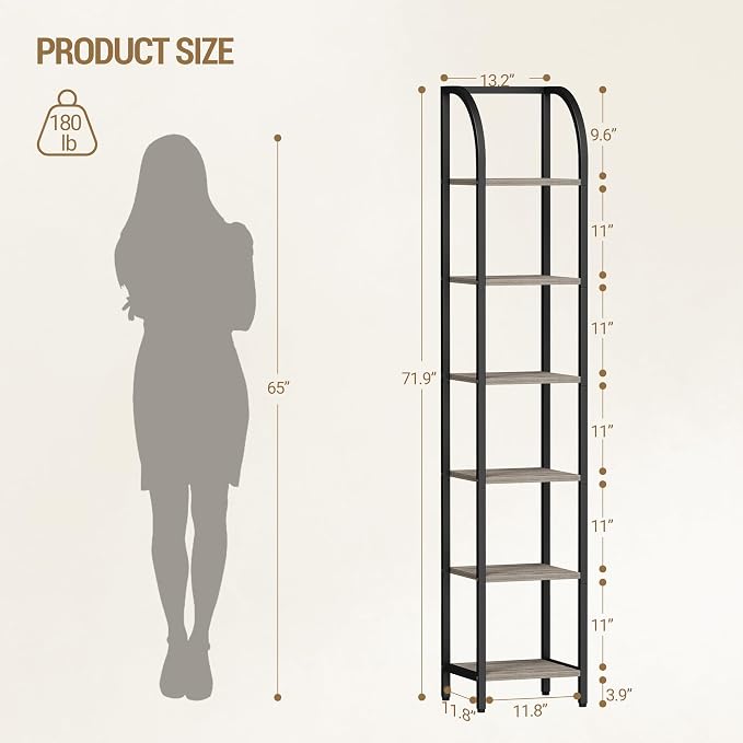 Hzuaneri Bookshelf Bookcase Narrow Bookcase Shelf Organizer with Steel Frame for Study Living Room Bedroom Kitchen Home Office Industrial Bookshelf 6-Tier Greige BC56005B