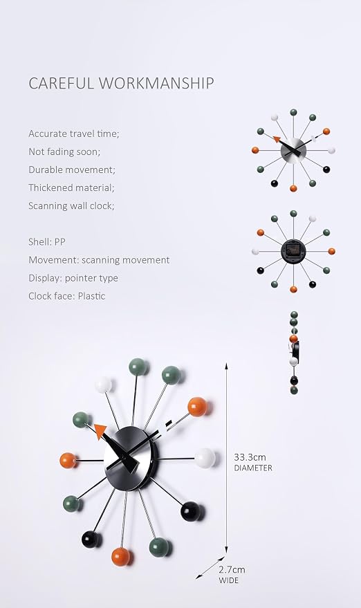NUOVO 13 Inch Multicolor Mid Century Creative Silent Quartz Personality Funny Decorative Home Living Room Kitchen Office Retro Design Wall Clock