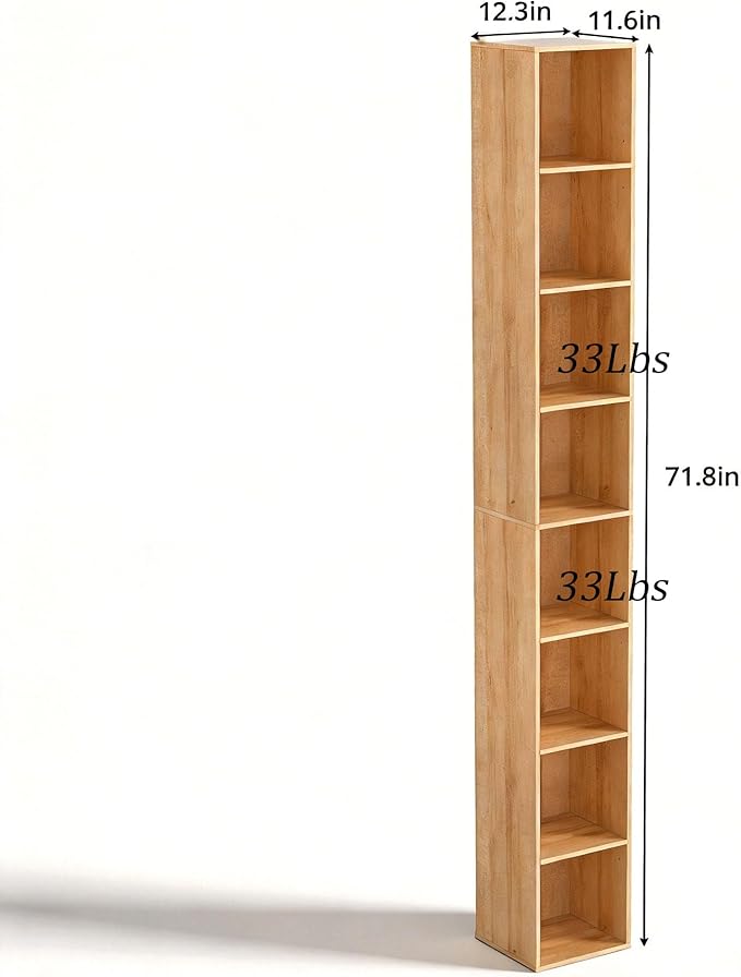 8-Cube Storage Organizer Bookcase, Oak Tall Narrow Bookshelf, Freestanding Open Cubby Storage Shelf, Display Cabinet for Living Room Bedroom Home Office