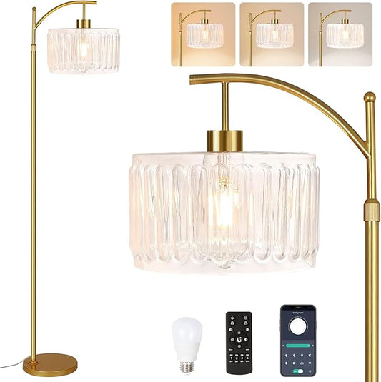 Glass Floor Lamp for Living Room,Bedroom,Gold Dimmable Standing Lamp with Remote,Brass White Tall Lamp Boho Mid Century Modern Floor Lamps Arc Floor Light Lamp Bohemian