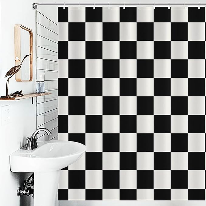 70s Black Checkered Shower Curtain for Bathroom, Retro Vintage Hippie Groovy Checkboard Abstract Modern Cute Bright Funky Waterproof Fabric Shower Curtain Set with Hooks, 72"x84"