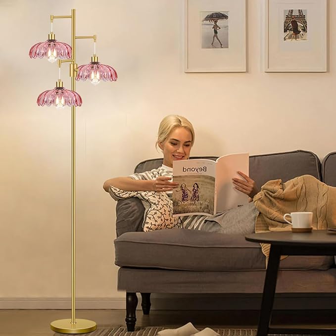 ZECOXOL Gold Floor Lamps for Living Room-3 Light Dimmable Floor Lamp with Three Bulbs & Glass Lampshape, Mid Century Modern Standing Lamp Tree Tall Flower Floor Lamp for Bedroom Living Room,Corner