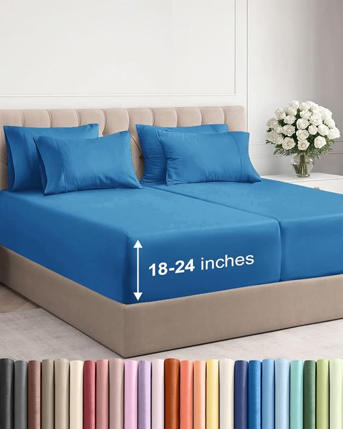 Extra Deep Split King Sheet Set - 7 Piece Breathable and Cooling Sheets - Hotel Luxury Bedding for Women, Men, Kids & Teens - Easy Secure Fit - Soft & Wrinkle Free - Extra Deep Pockets - Denim Blue