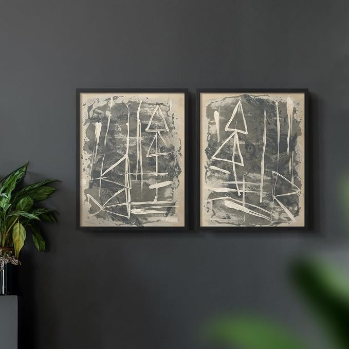 Renditions Gallery Set of 2 Peel & Stick Framed Prints, Trendy Abstract Wall Art, Textured Linework Striking Wall Decor, Re-Stickable - Ready to Hang - 22"x28" - Black Frame LT588