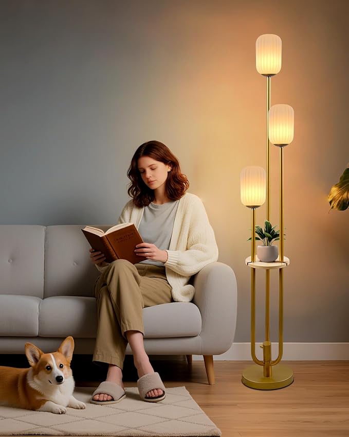 Lightdot Dimmable Floor Lamp with Shelf, Modern Gold Tall Floor Lamps with Oval Striped Lampshade for Wedding/Party, 3000K Bulb Included 3-Lights Standing Lamp for Living Room/Sofa Beside/Corner Decor
