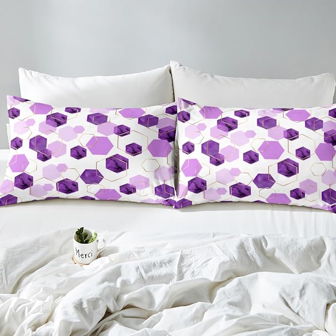 Erosebridal Purple Duvet Cover King Size for Boys Girls Geometric Hexagon Bedding Sets Modern Abstract Art Decor Bed Set Lavender Marbling Striped Bed Cover with 2 Pillow Cases