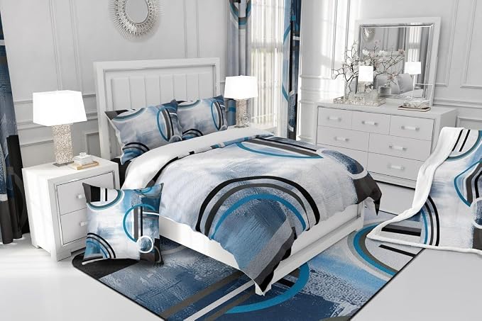 Oil Painting Geometric Comforter Cover Queen,Blue White Black Gray Duvet Cover,Grunge Ombre Bedding Set,Abstract Circles Stripes Quilt Cover,Modern Texture Bedspread Cover with Zipper& Ties