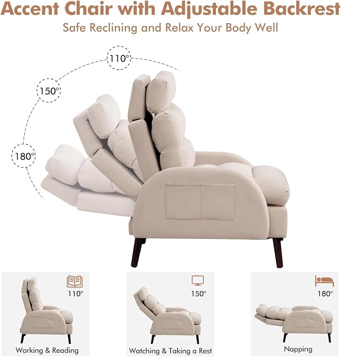 HCHAIRH Accent Chair with Ottoman, Comfy Reading Chair and Ottoman Set, Modern Oversized Lounge Armchair with Adjustable Backrest for Living Room Bedroom, Velvet Khaki