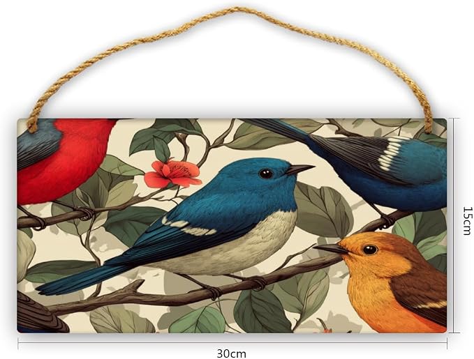 Botanical Birds Wooden Sign 12x6 Inch - Vintage Decor for Traditional Home Lovers & Bird Admirers, Suitable for Classic styles Rooms & Art Spaces