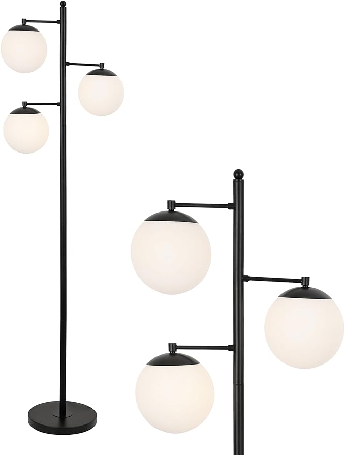 JONATHAN Y 66" Black Modern 3-Light Metal Cylinder Floor Lamp Mid-Century Tree Standing Lamp for Living Room Bedroom with White Glass Globe Shades LED Bulbs Included JYL3087B