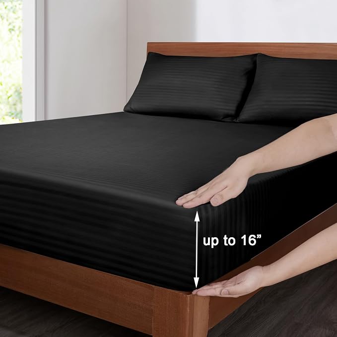 Mejoroom Striped Full Size Sheets – Extra Soft Full Size Bed Sheets - 16inches deep Pocket Full Sheet Set, Breathable, Wrinkle, Fade and Stain Resistant – 4 Piece(Black)