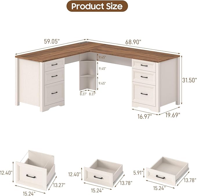 Vabches Wood L Shaped Executive Desk with 6 Drawers, Farmhouse Home Office Desk with Power Outlets and Triangle Under-Desk Storage Shelf & Drawer File Cabinet, Corner Computer Desk, Brown