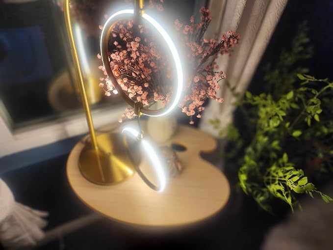 Brightech Nova Modern Table Lamp - Contemporary Arc Desk Lamp with 2-Circle Ring-Style Pendant - Alexa Compatible Nightstand Beside The Couch Lamp with Arching Pole Matches Living Room Décor - Brass