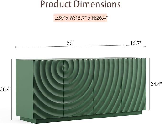 Wave Pattern Sideboard Buffet Cabinet - Modern Luxury Multifunctional Storage Cabinet with 3D Textured Doors, Display Cabinet for Dining Room Living Room Entryway (Green)