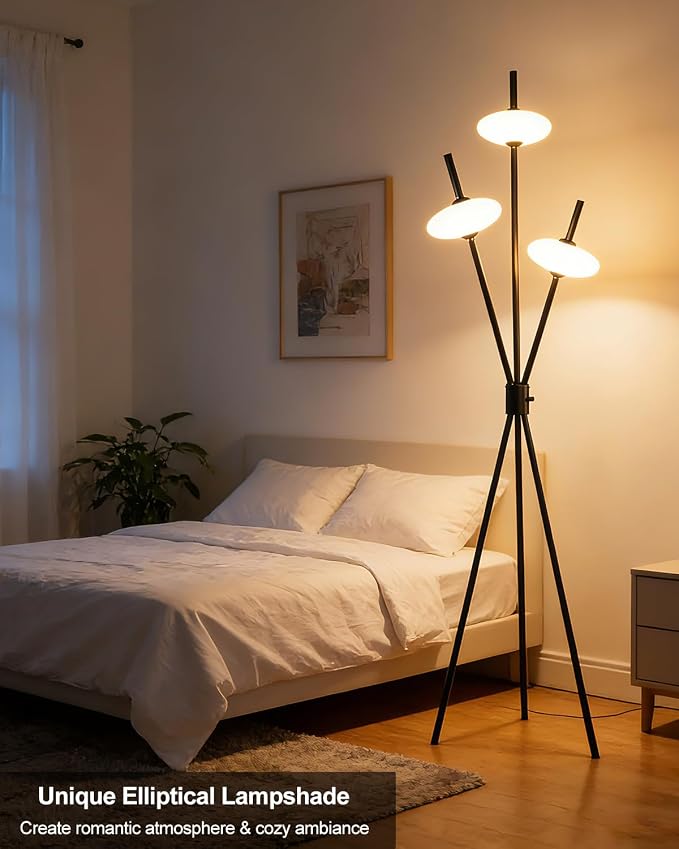 Lightdot Tripod Floor Lamp Stepless Dimmable Black Standing Tall Lamps with 3PCS Elliptical Lampshades Mid Century Modern Floor Lamps for Living Room/Bedroom/Sofa Beside/Corner Decor