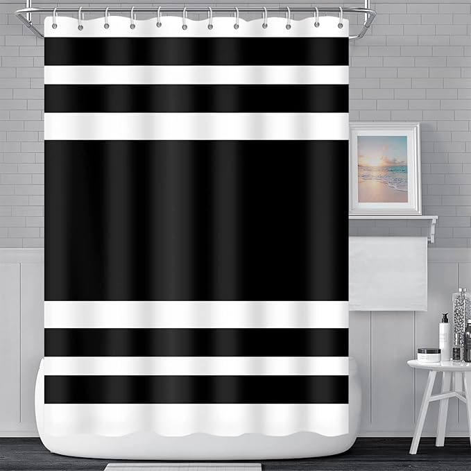 Abstract Stripes Bathroom Shower Curtain Black and White Geometric Pattern Waterproof Fabric Shower Curtains with Hooks Modern Minimalist Artistic Aesthetic Home Decorative, 69x70 Inch