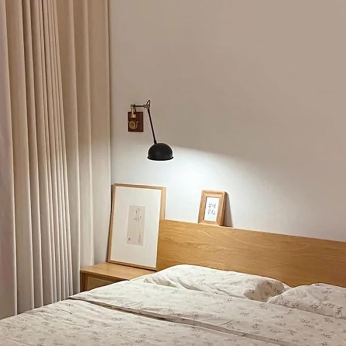 Retro Bedside Wall Lamp, E27 Swing Arm Wall Sconce Lighting Industrial Adjustable Antique Wooden Brass Wall Light Fixture, Metal Lampshade, for Bedroom Sofa