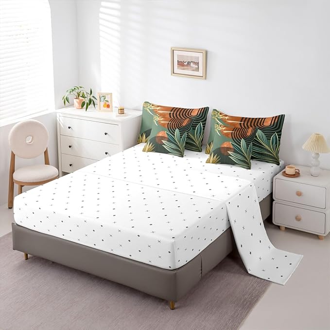 Erosebridal Mid Century Comforter Set King Size Vintage Bohemian 7 Pcs Bedding Sets,Modern Minimalist Bed in a Bag Abstract Geometric Stripes Art Quilt with Flat Fitted Sheet,Green Orange