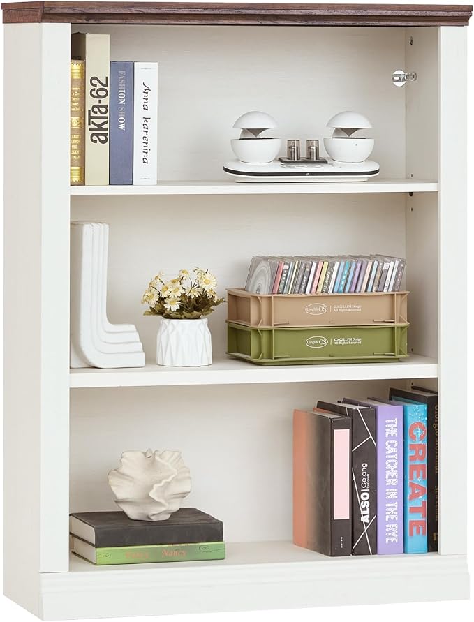 RWYHG 43" White Tall Bookshelf,3-Tier Thick Wooden Book Shelf with Adjustable Shelves,Free Standing Farmhouse Bookcase with Open Display Storage,Floor Vintage Bookshelves for Living Room,Office