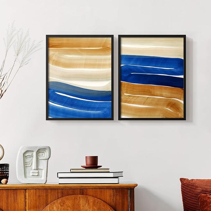 Renditions Gallery Set of 2 Peel & Stick Framed Prints, Abstract Wall Art, Blue and Gold Wave Textured Background Wall Decor, Re-Stickable - Ready to Hang - 11"x14" - Black Frame LT588
