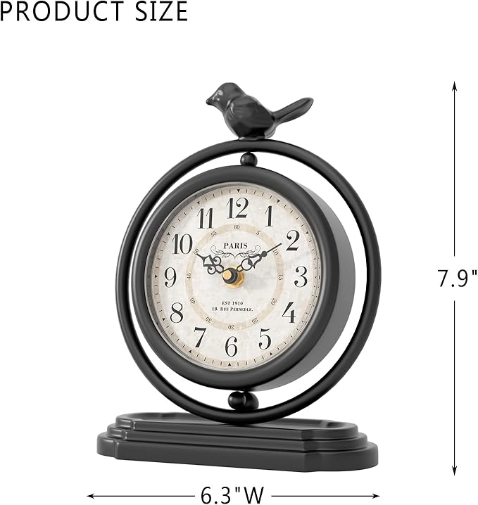Black Vintage Table Clock with Bird, European Retro Style Mantel Clocks, Desk and Shelf Decor Clock, for Living Room, Farmhouse, Bedside, Bedroom, Gift (7.9" H x 6.3" W)