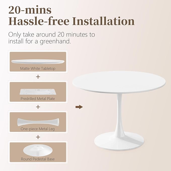42 Inch Round Dining Table,Mid-Century Tulip Table with Metal Pedestal Base,Modern Leisure Table for Small Space Kitchen Dining Room,Easy Assembly,White