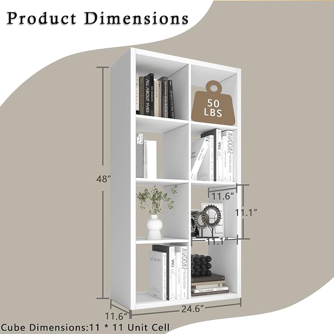Endearing Limons【2026 Wooden Thick Border 8 Cube Shelf Storage Organizer with Anti-Tipping Kits + Reversible Open Back Bookcase (11 x 11 Unit Cell White)