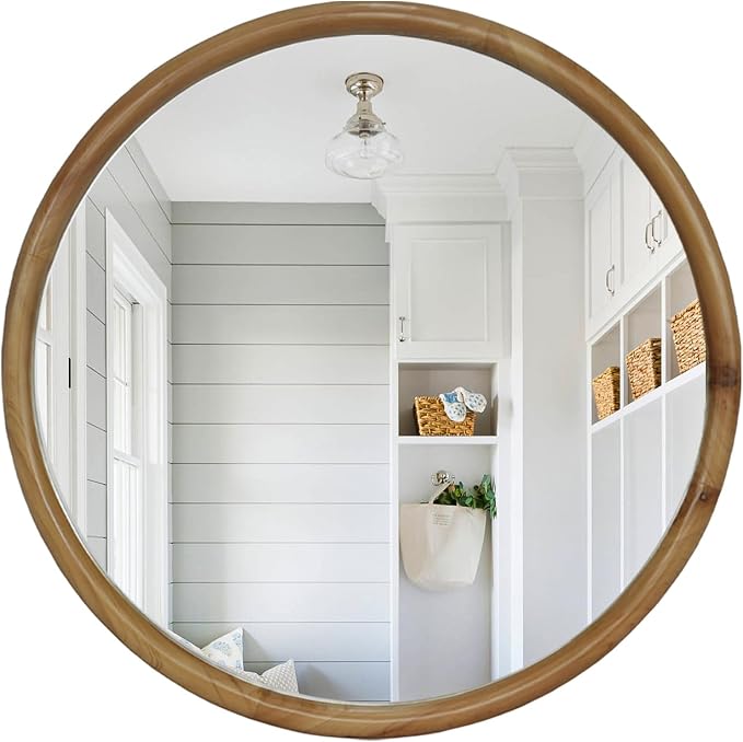 35.43" Diameter Natural Wood Frame Round Wall Mirror Bathroom Bedroom Entryway