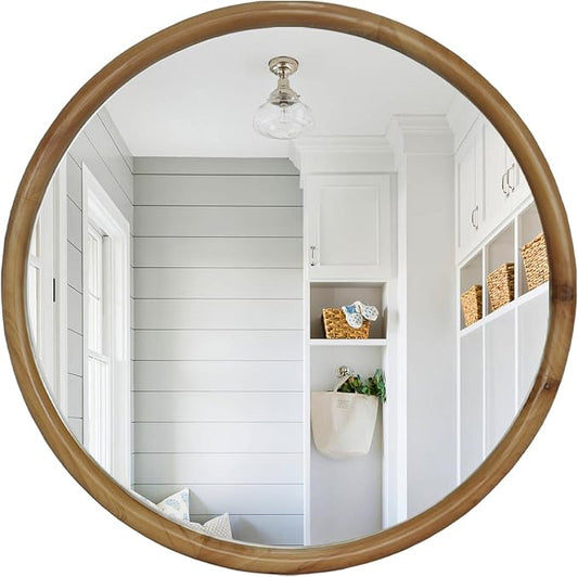 Havemies 31.50" Round Wood Framed Wall Mirror, Oversized Natural Mid-Century Modern Circle Mirror, Statement Piece for Living Room, Entryway & Bedroom, Solid Wood Frame