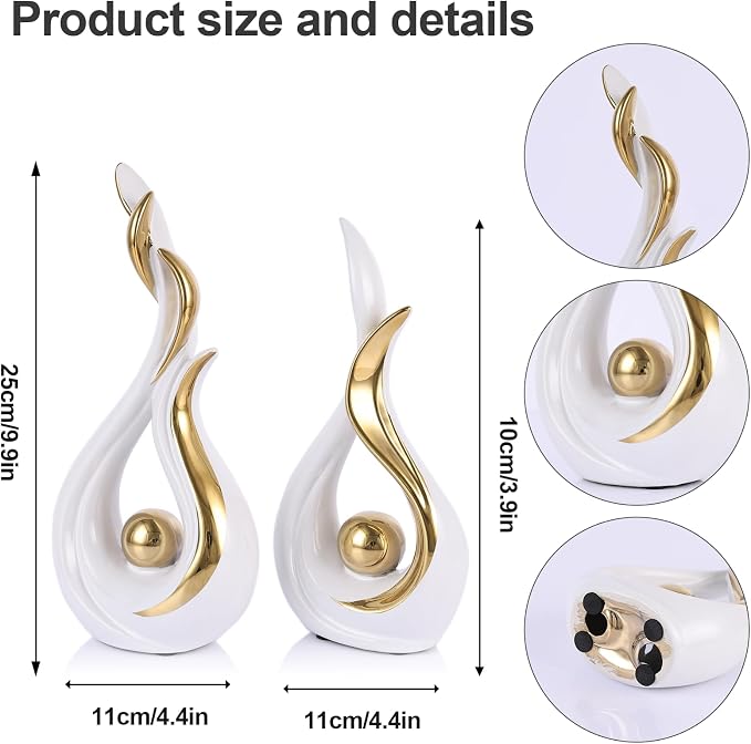 2PCS Abstract Flame Ceramic Sculpture Set – Modern Figurines for Living Room Table Centerpiece, Dining Table Decor, Bedroom Table Decor, Shelf Sculpture, Fireplace, and Home Decoration (White Gold)