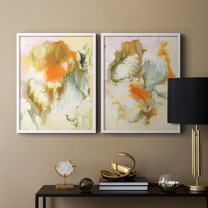 Renditions Gallery Set of 2 Peel & Stick Framed Prints, Modern Abstract Wall Art, Mix Color Oil Paint Design Wall Decor, Re-Stickable - Ready to Hang - 16"x20" - White Frame LT588