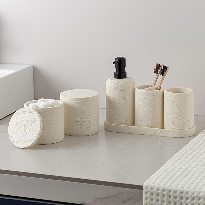 Bathroom Accessories Set, Travertine Stone-Look, 6 PCS Bathroom Accessory Set with Soap Dispenser, Toothbrush Holder, Tumbler, Vanity Tray, Cotton Swab Jars for Countertop (Off White 6 PCS)