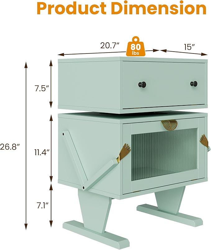 RoyalCraft Large Nightstand Set of 2 with LED Lights, Green End Table with 360°Rotating Drawer, Modern Bedside Table with Storage, Wood Night Stand for Bedroom, Home Office, Green